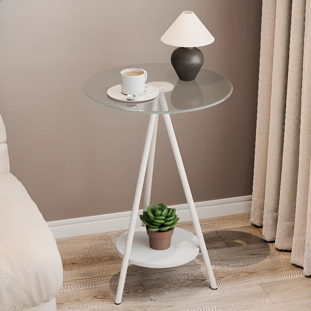 Round Glass Top Gold Metal Side Table with Storage