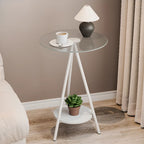Round Glass Top Gold Metal Side Table with Storage