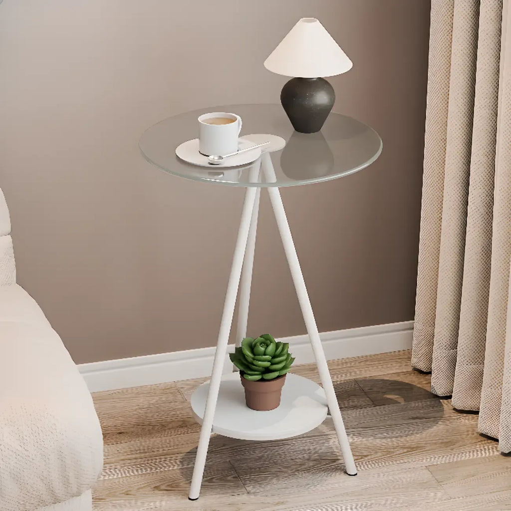 Round Glass Top Gold Metal Side Table with Storage