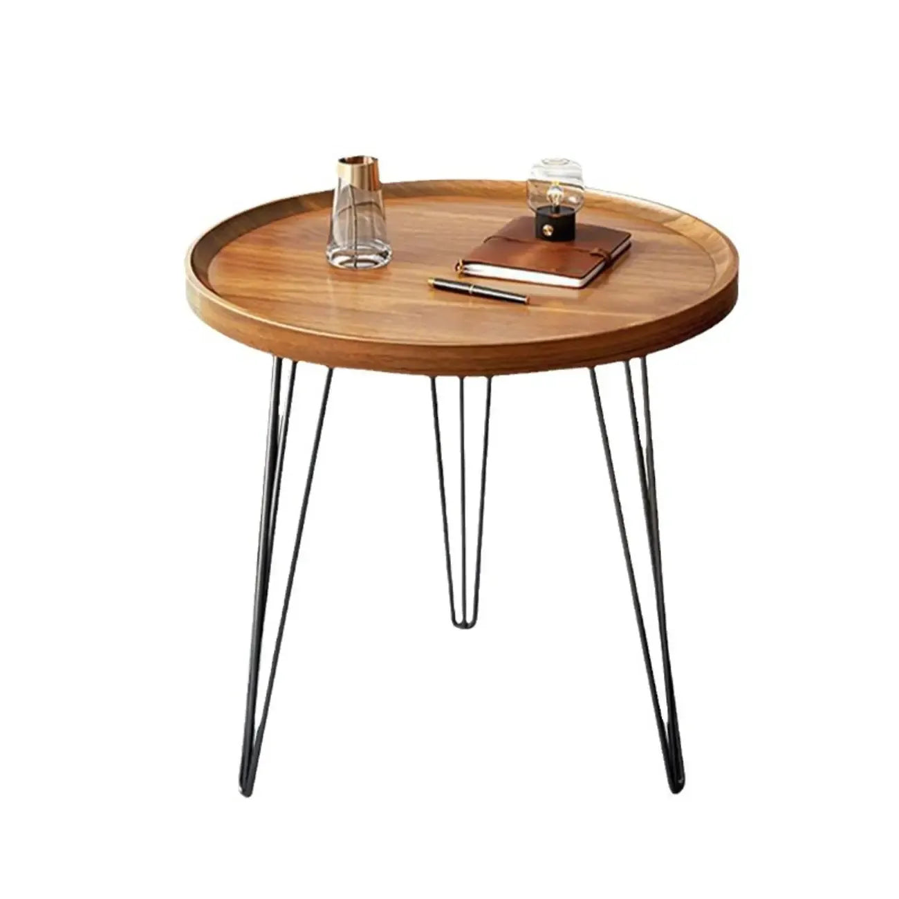 Solid Round Wood Side Table with Tray Top for Sofa