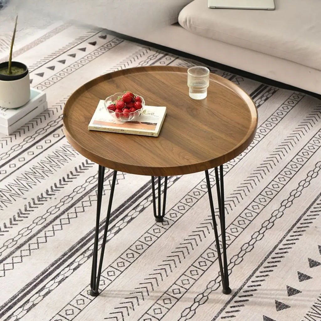 Solid Round Wood Side Table with Tray Top for Sofa