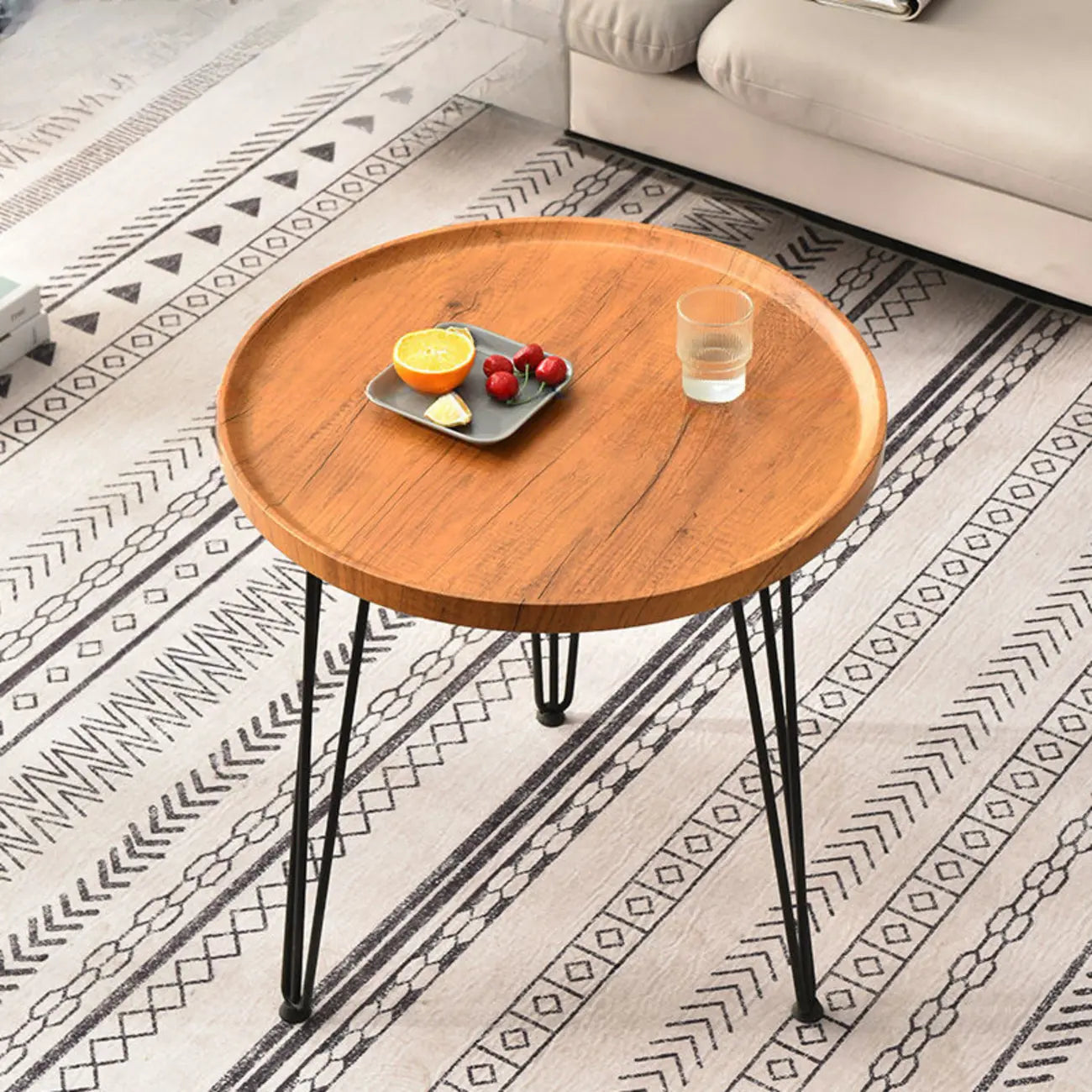 Solid Round Wood Side Table with Tray Top for Sofa