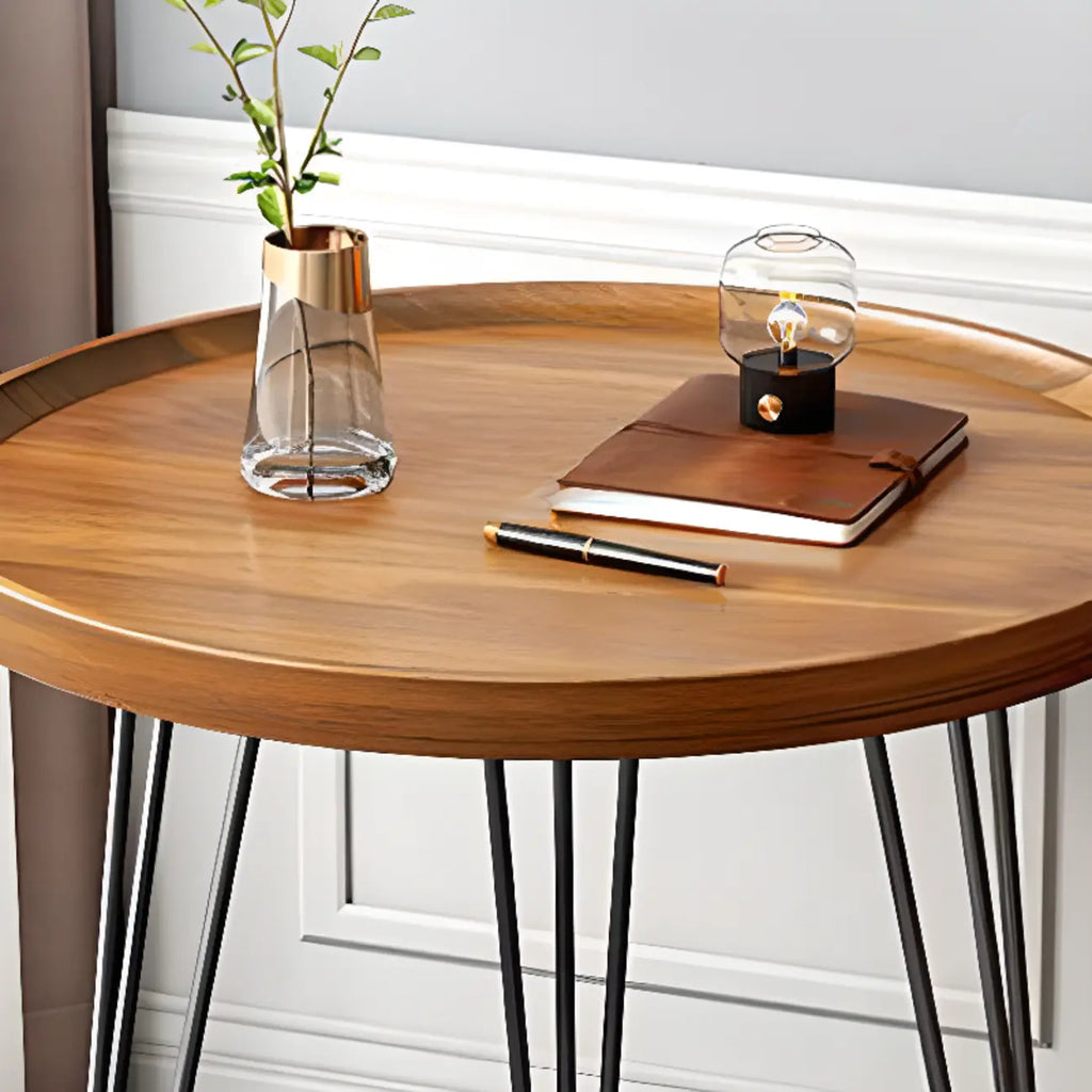 Solid Round Wood Side Table with Tray Top for Sofa