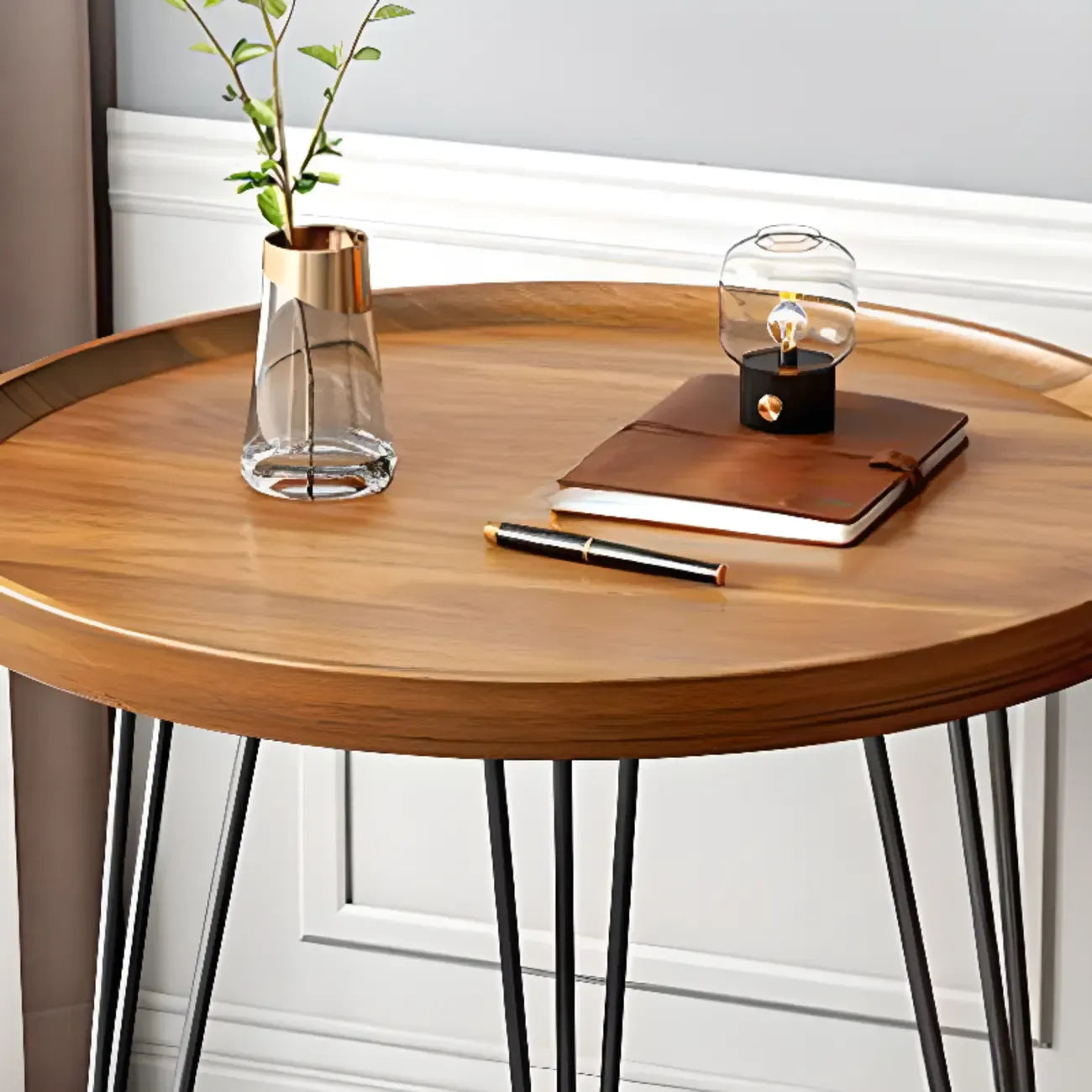 Solid Round Wood Side Table with Tray Top for Sofa