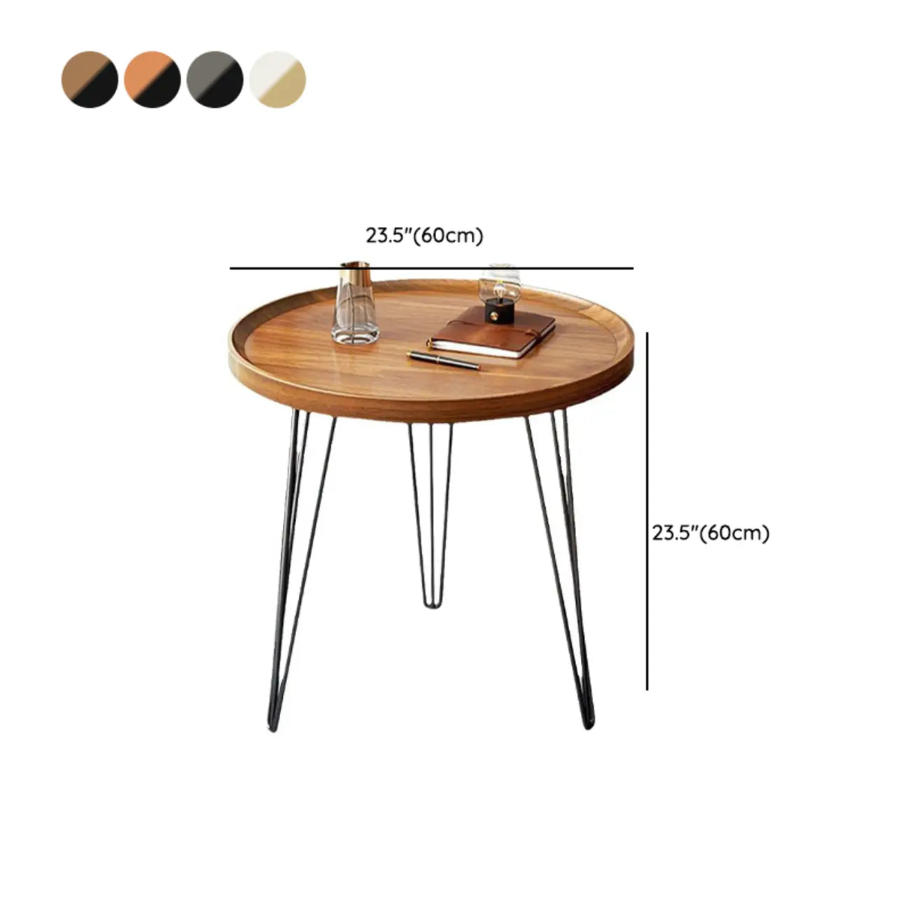 Solid Round Wood Side Table with Tray Top for Sofa