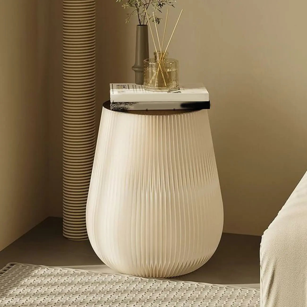 Foldable Round Accent White Drum End Table with Storage