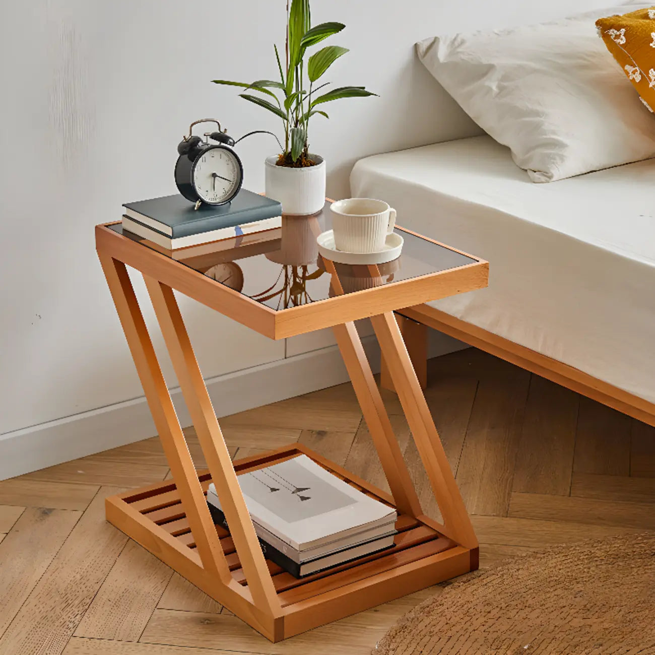 2-Tier Small Wood Side Table with Glass Top for Living Room
