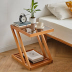 2-Tier Small Wood Side Table with Glass Top for Living Room