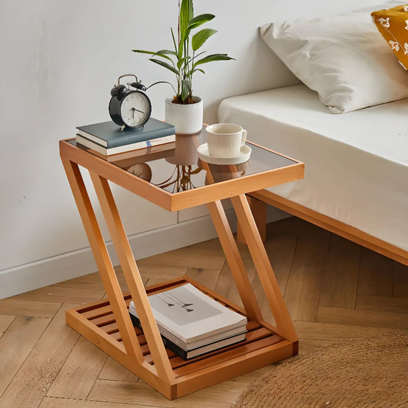 2-Tier Small Wood Side Table with Glass Top for Living Room