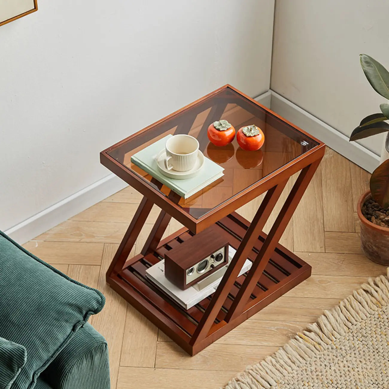 2-Tier Small Wood Side Table with Glass Top for Living Room