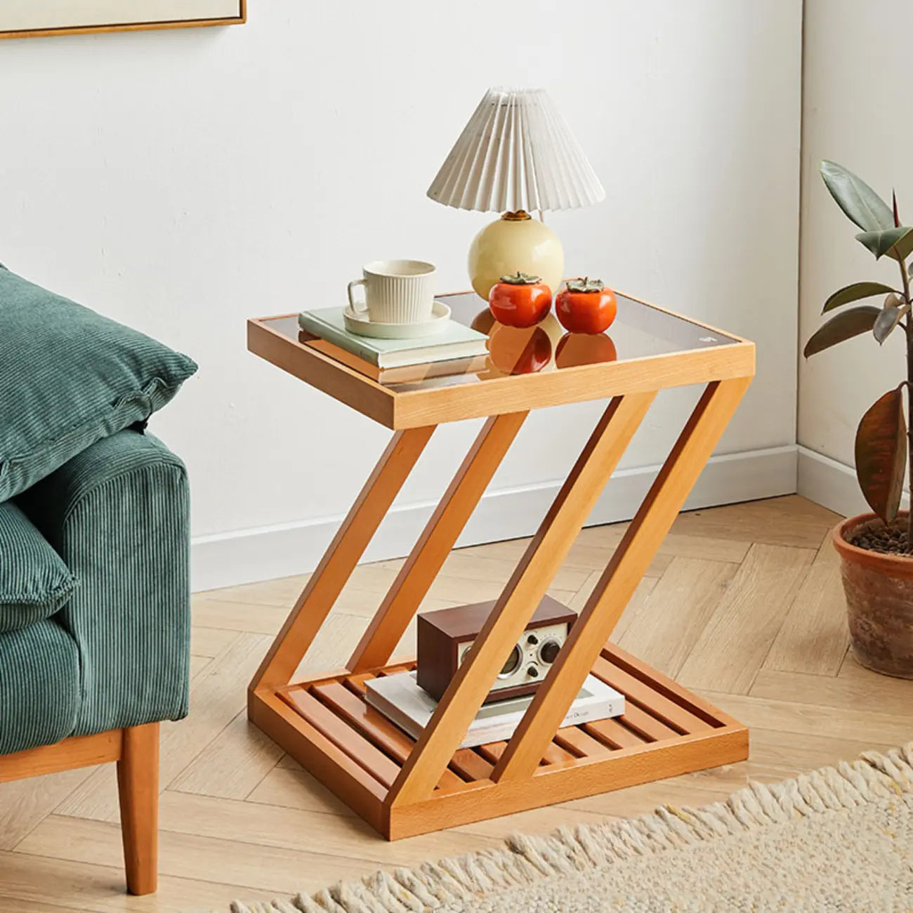 2-Tier Small Wood Side Table with Glass Top for Living Room