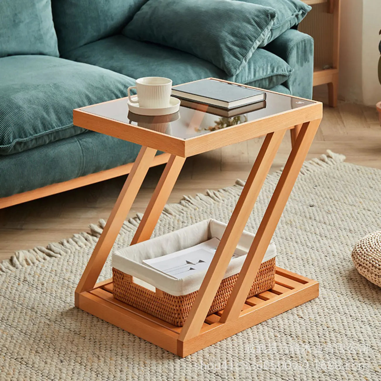 2-Tier Small Wood Side Table with Glass Top for Living Room