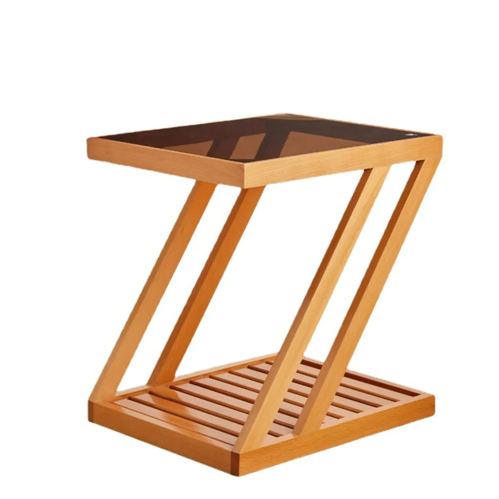 2-Tier Small Wood Side Table with Glass Top for Living Room