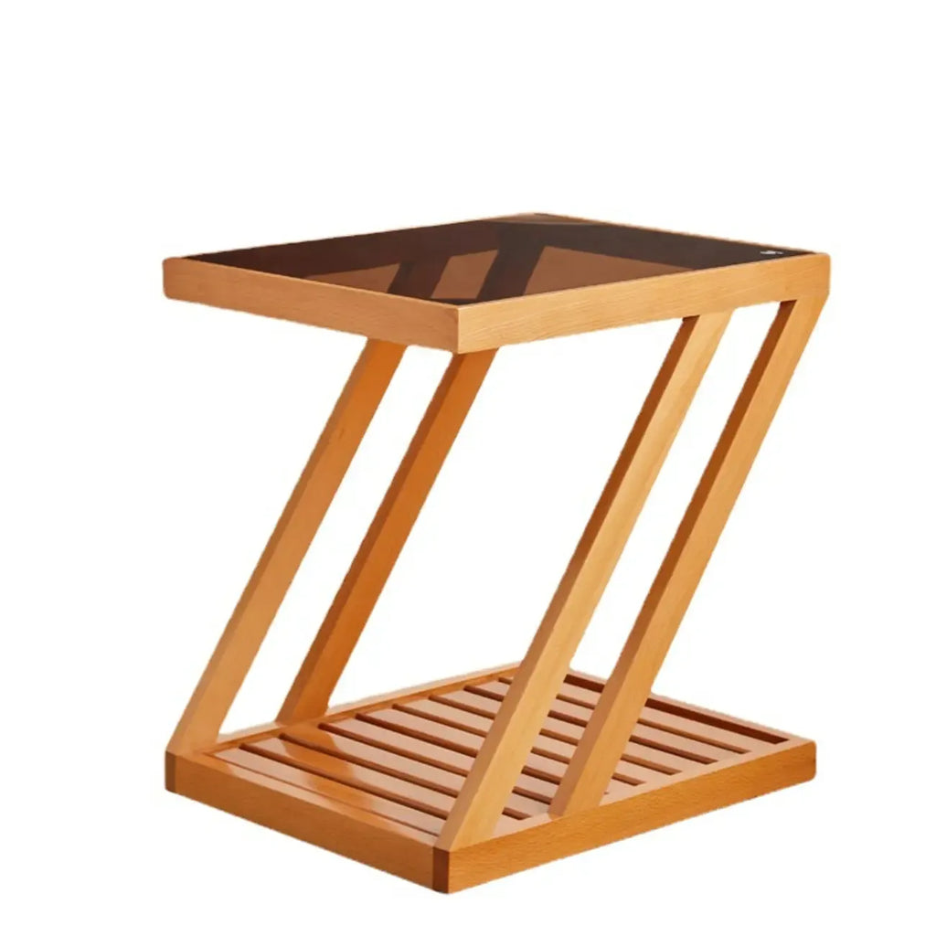 2-Tier Small Wood Side Table with Glass Top for Living Room