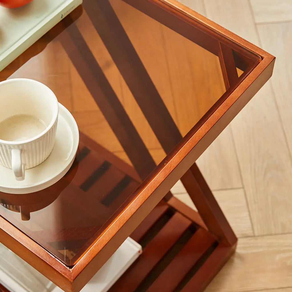 2-Tier Small Wood Side Table with Glass Top for Living Room