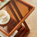 2-Tier Small Wood Side Table with Glass Top for Living Room