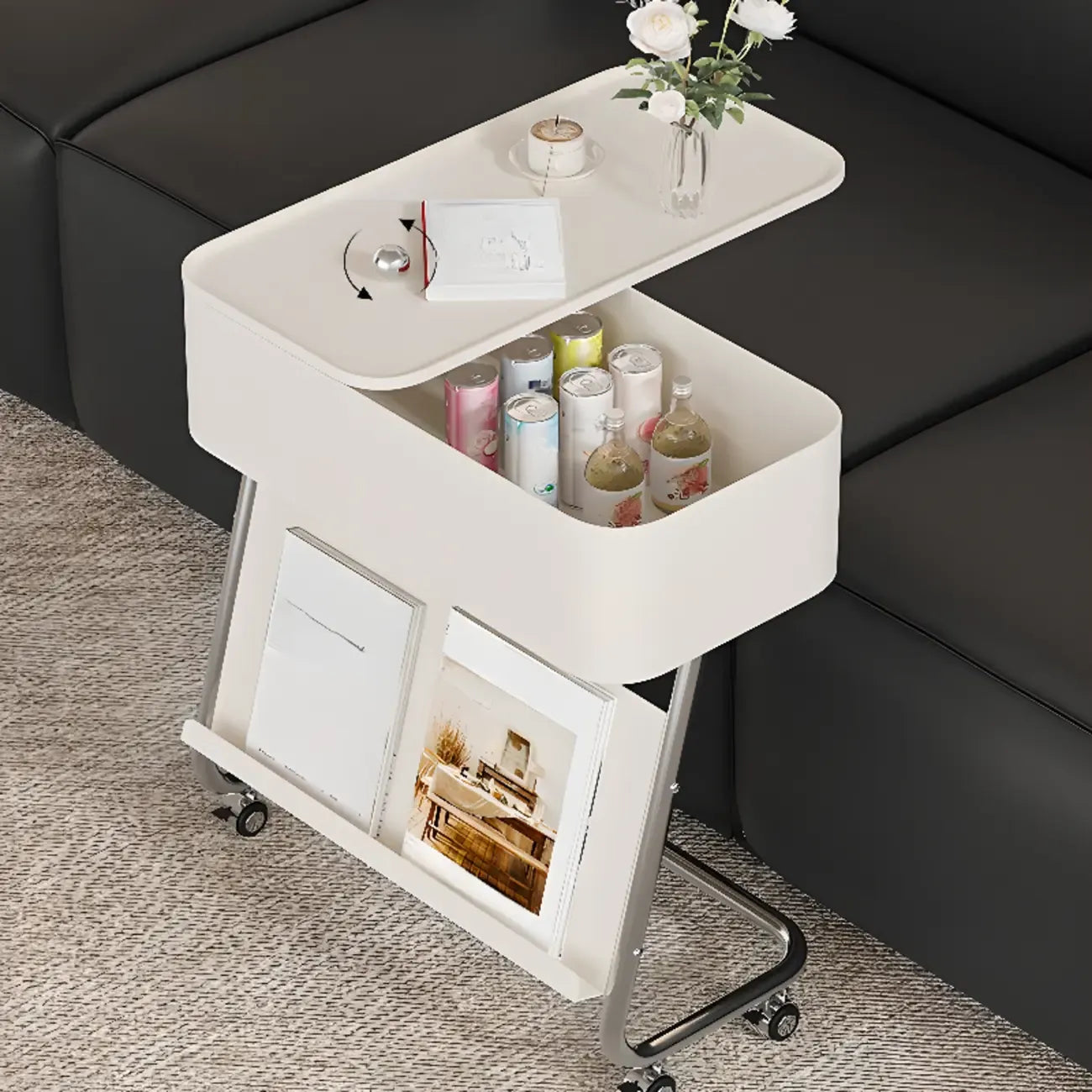Rolling Metal Storage C-Shaped Side Table with Magazine Rack