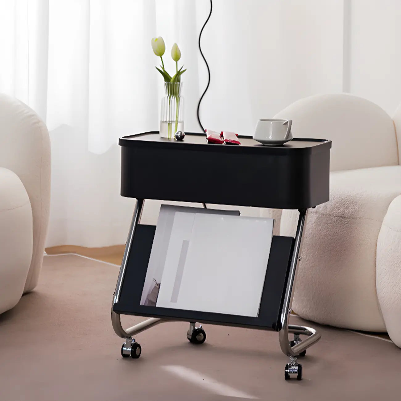 Rolling Metal Storage C-Shaped Side Table with Magazine Rack