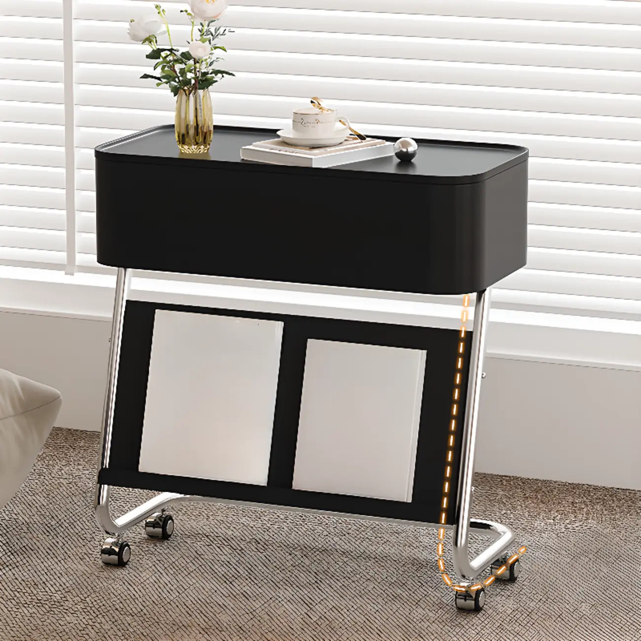 Rolling Metal Storage C-Shaped Side Table with Magazine Rack