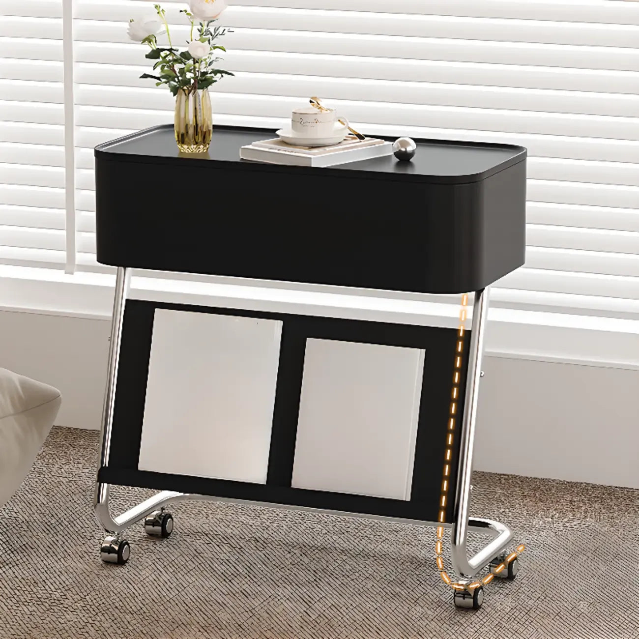 Rolling Metal Storage C-Shaped Side Table with Magazine Rack