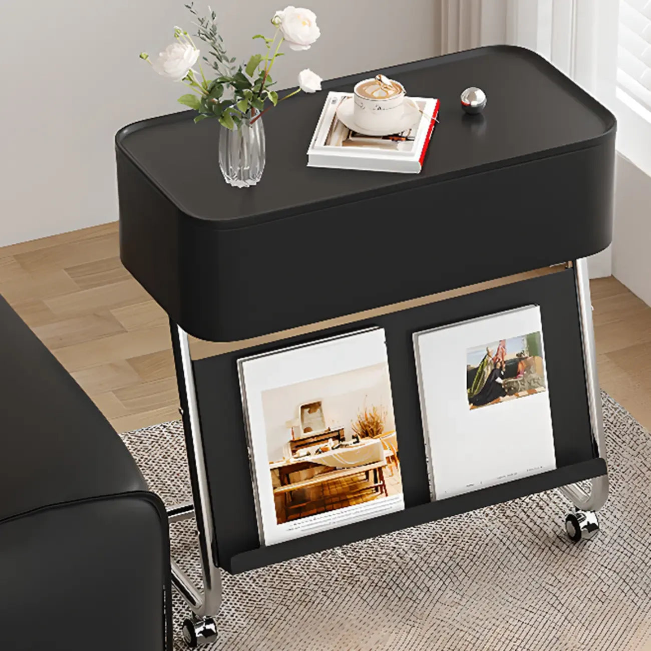 Rolling Metal Storage C-Shaped Side Table with Magazine Rack