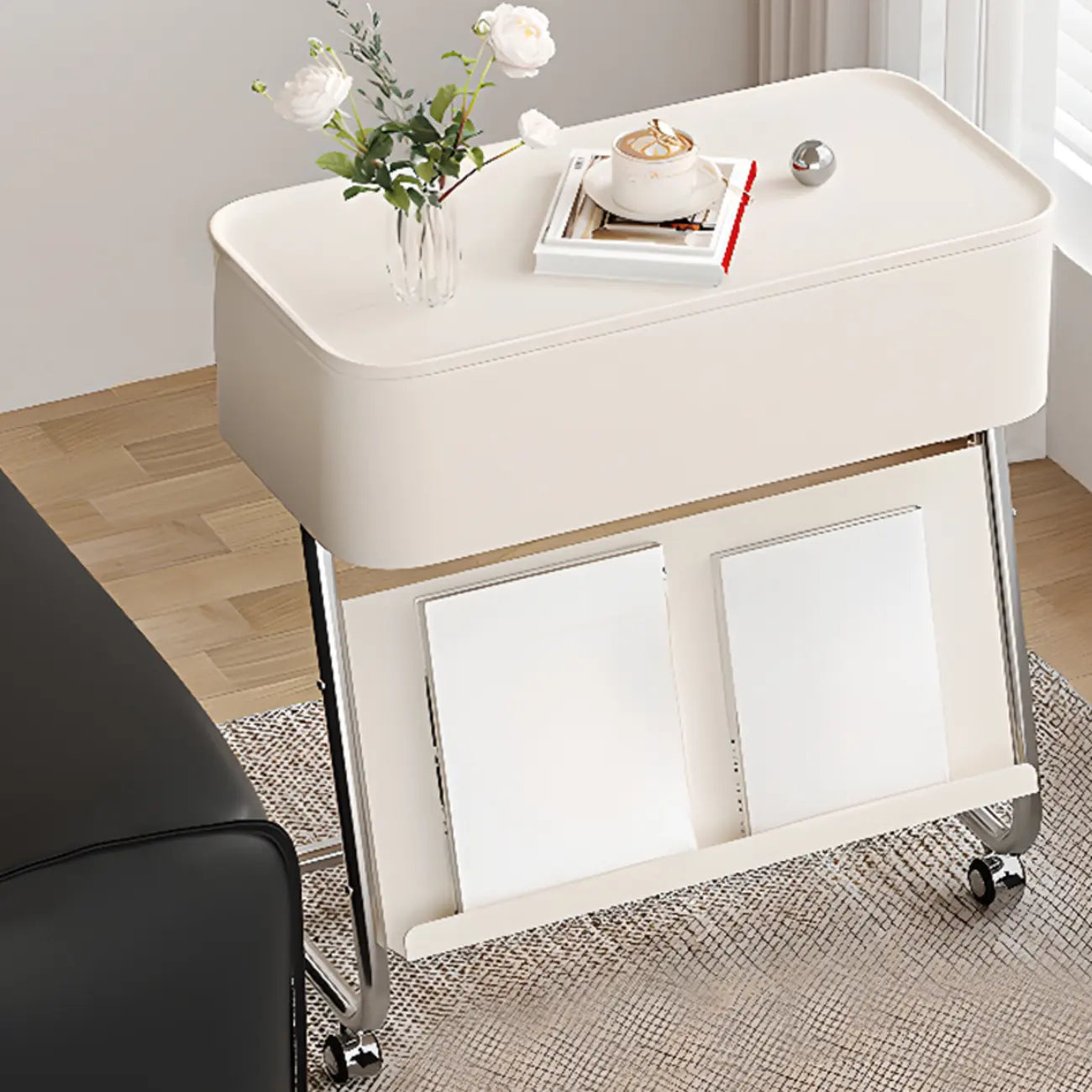 Rolling Metal Storage C-Shaped Side Table with Magazine Rack