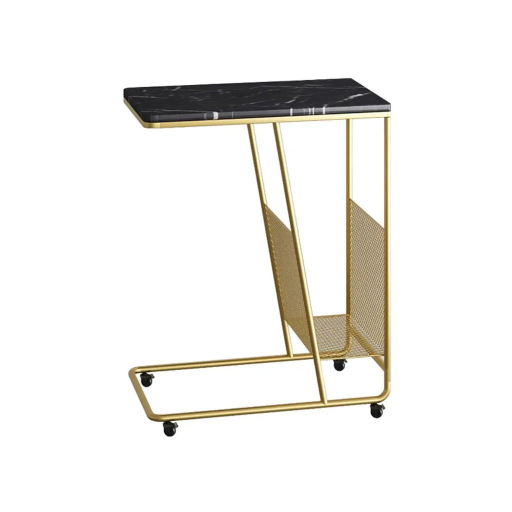 Metal C-Shaped Marble Top End Table with Magazine Rack