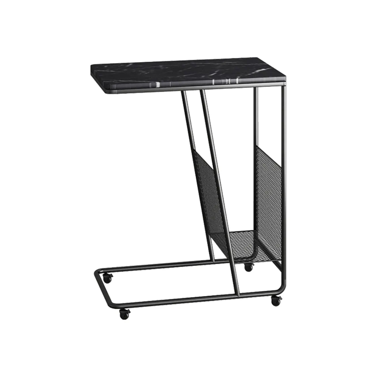 Metal C-Shaped Marble Top End Table with Magazine Rack