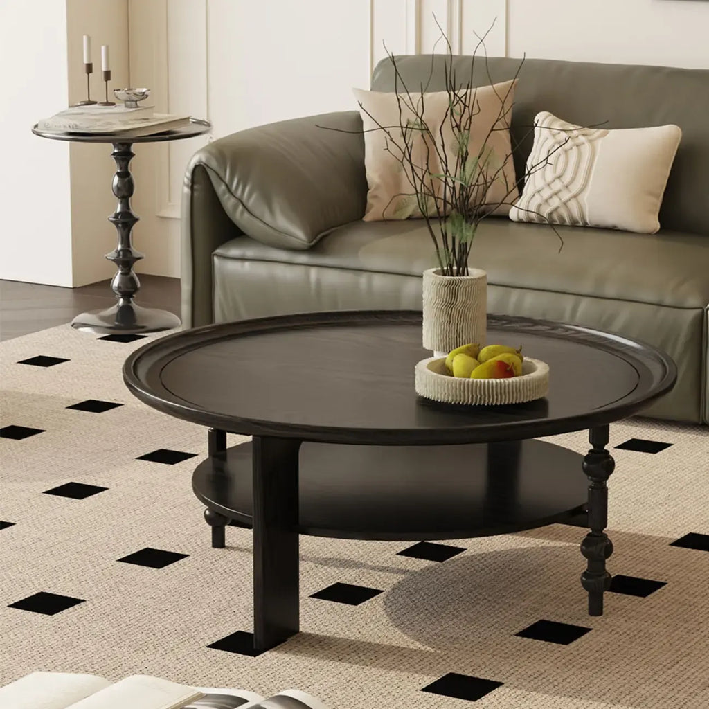 Vintage Wooden Round Coffee Table with Shelf & Tray Top