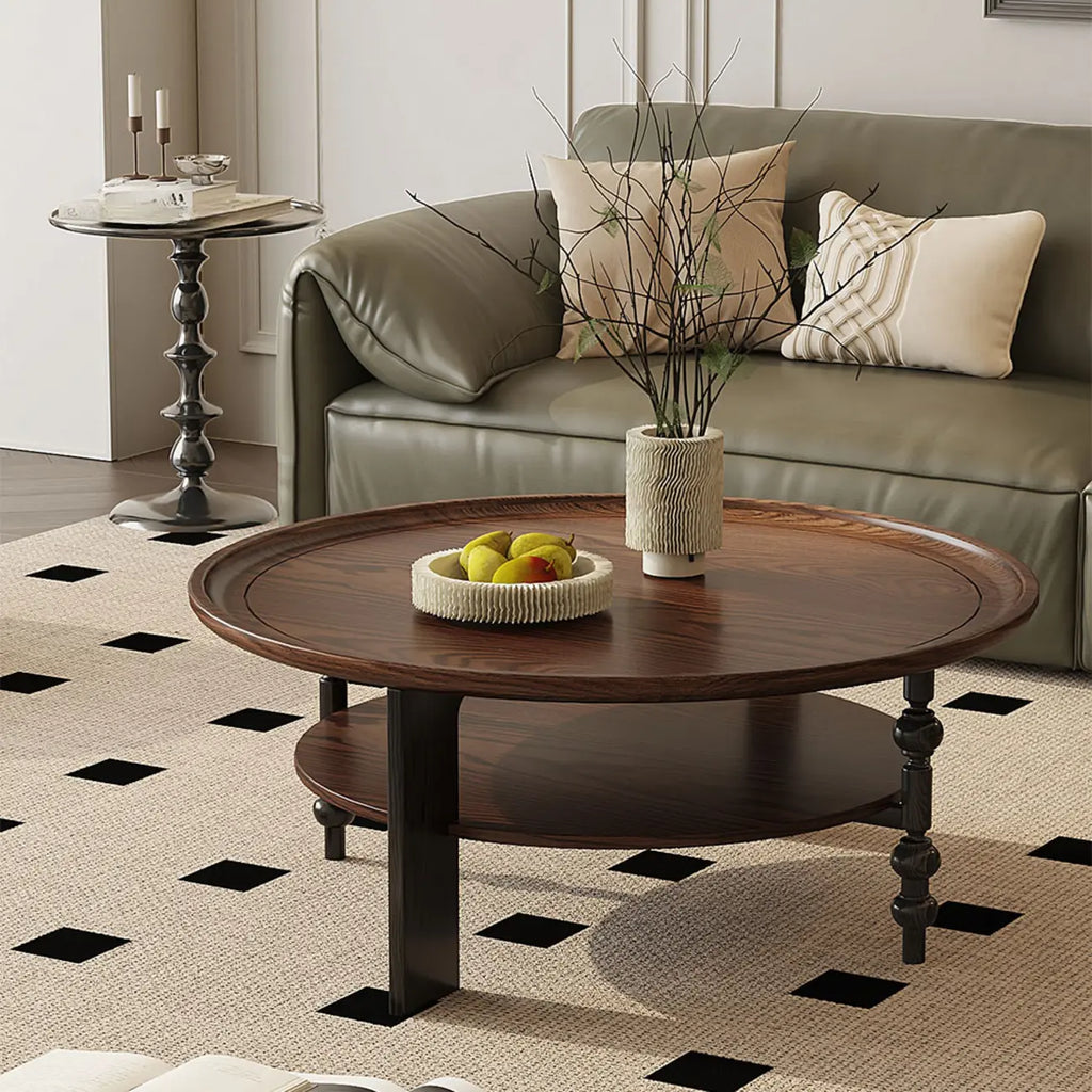 Vintage Wooden Round Coffee Table with Shelf & Tray Top