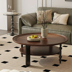 Vintage Wooden Round Coffee Table with Shelf & Tray Top