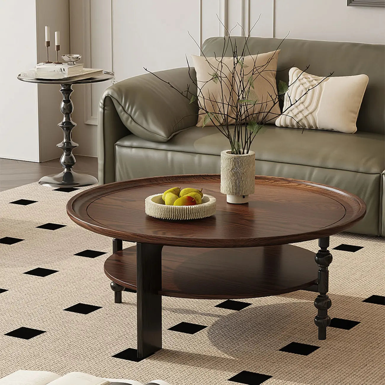 Vintage Wooden Round Coffee Table with Shelf & Tray Top