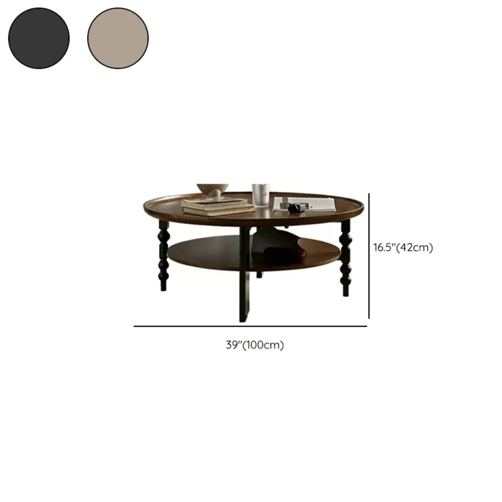Vintage Wooden Round Coffee Table with Shelf & Tray Top
