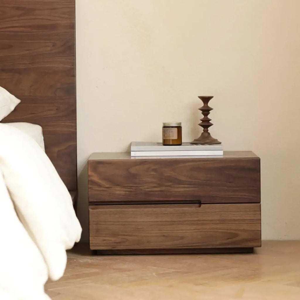 Scandinavian Brown Wood Bedside Table with 2 Drawer