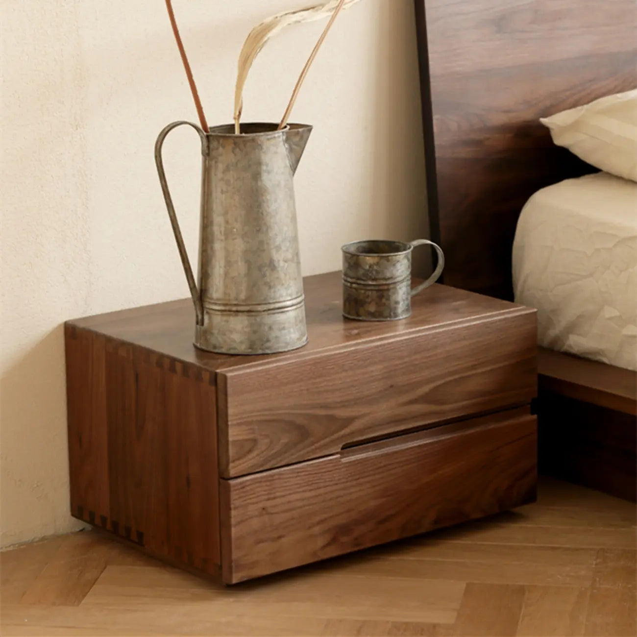 Scandinavian Brown Wood Bedside Table with 2 Drawer