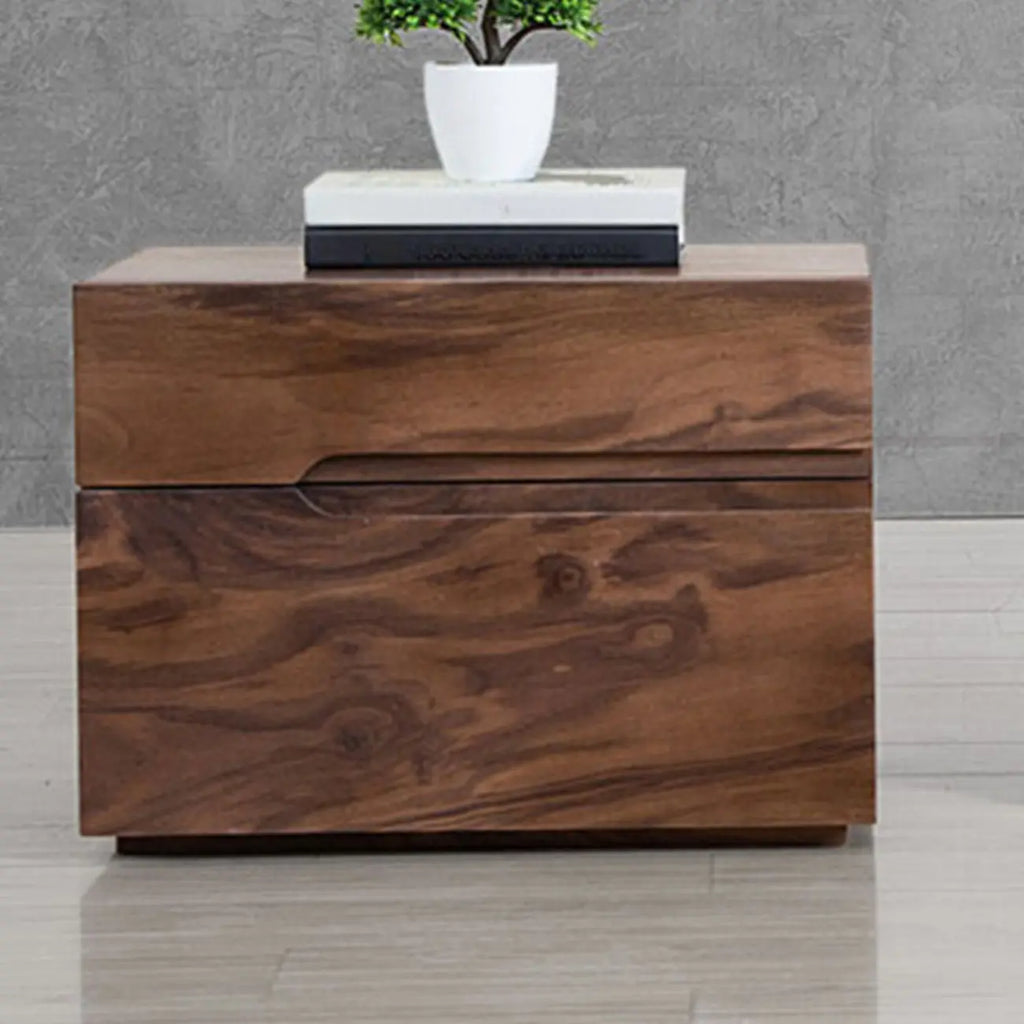 Scandinavian Brown Wood Bedside Table with 2 Drawer