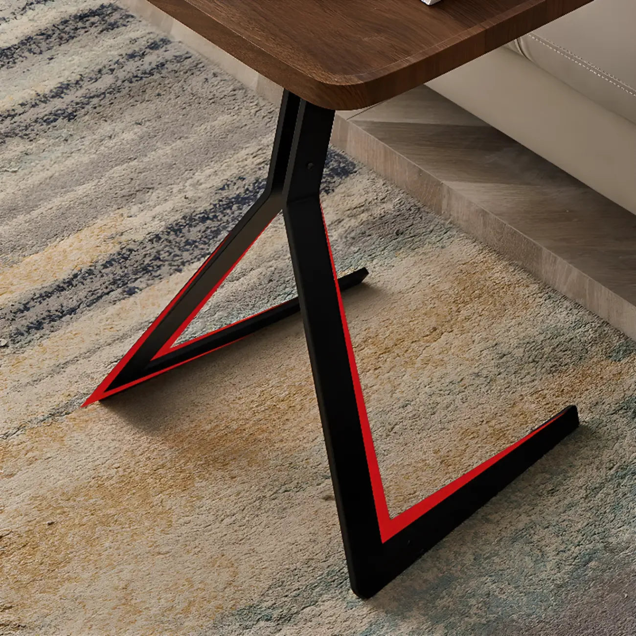 C-Shpaed Brown Wood Round Side Table with Metal Legs