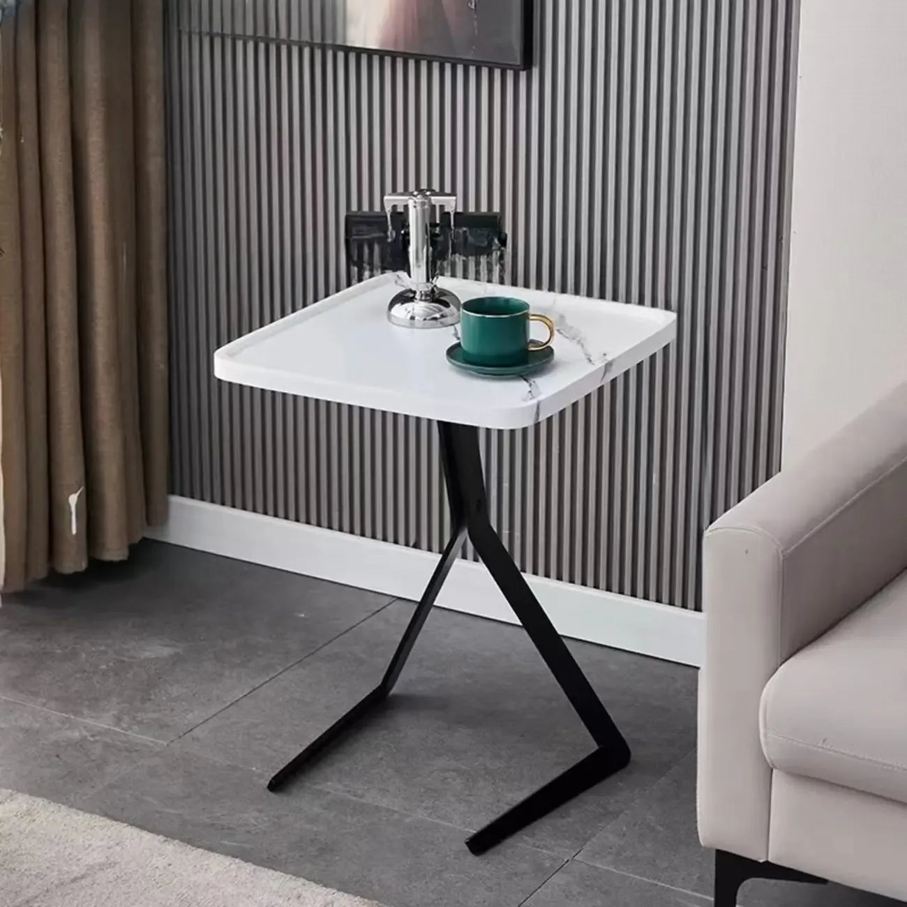 C-Shpaed Brown Wood Round Side Table with Metal Legs