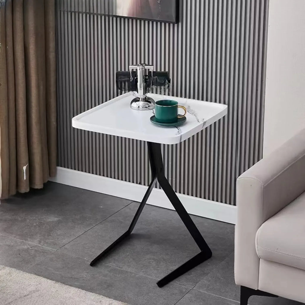 C-Shpaed Brown Wood Round Side Table with Metal Legs
