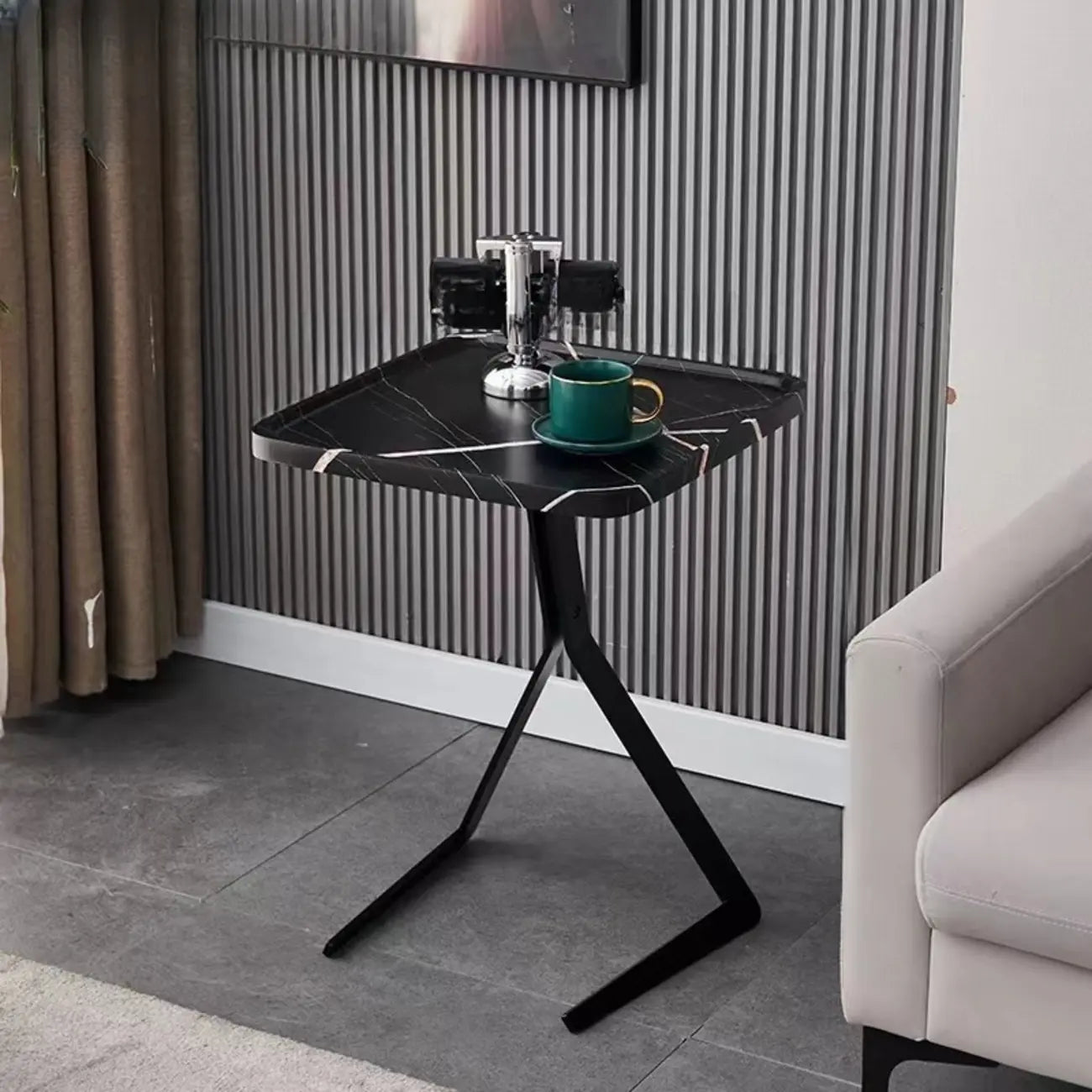 C-Shpaed Brown Wood Round Side Table with Metal Legs