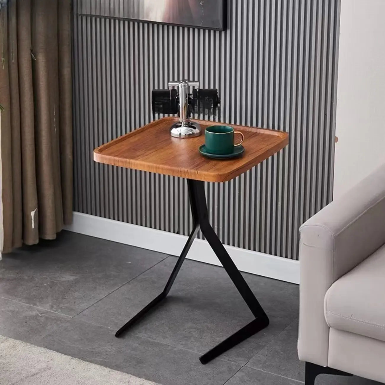 C-Shpaed Brown Wood Round Side Table with Metal Legs