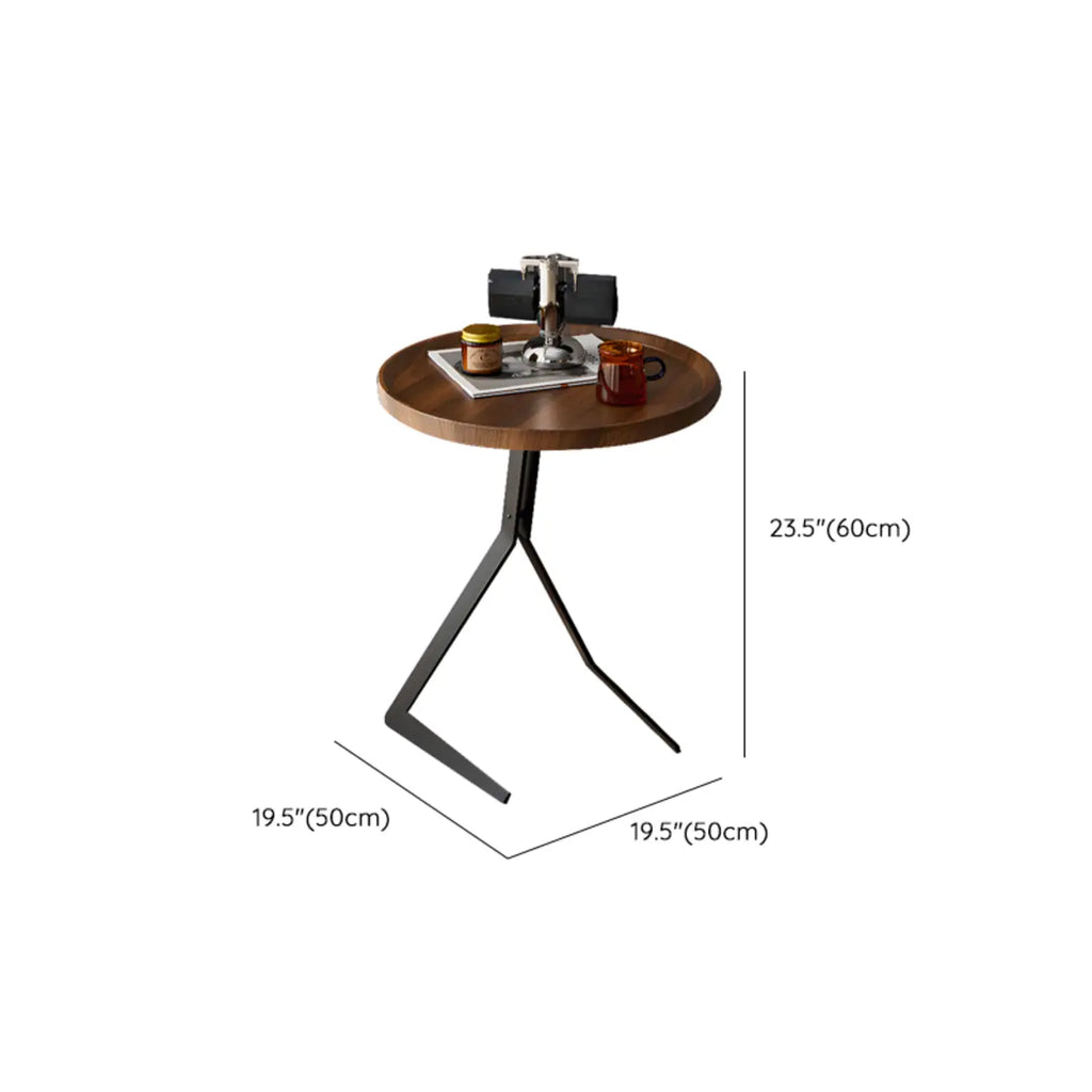 C-Shpaed Brown Wood Round Side Table with Metal Legs
