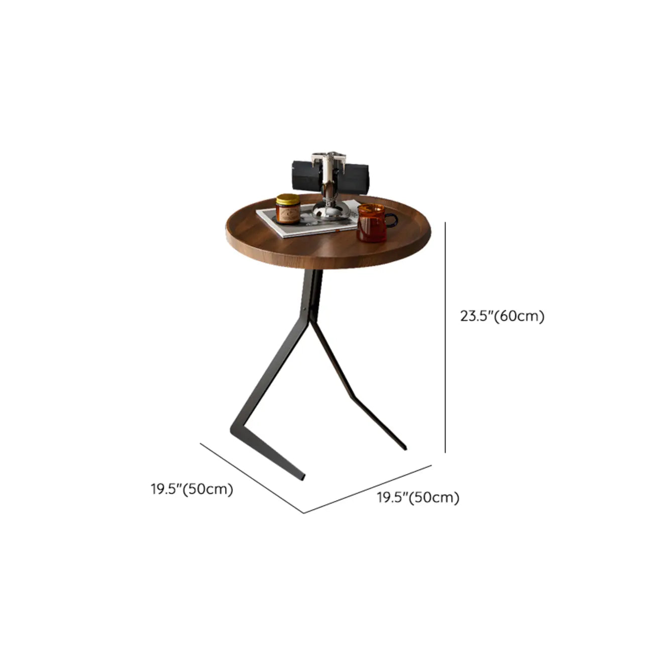 C-Shpaed Brown Wood Round Side Table with Metal Legs