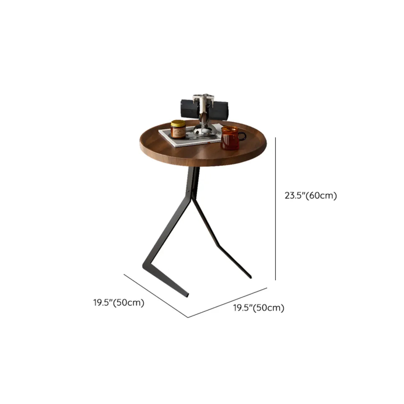 C-Shpaed Brown Wood Round Side Table with Metal Legs