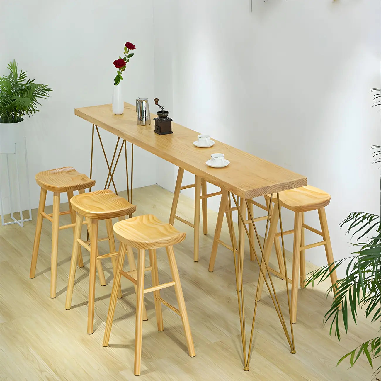 Elegant Long Bar Table with Wooden Stools