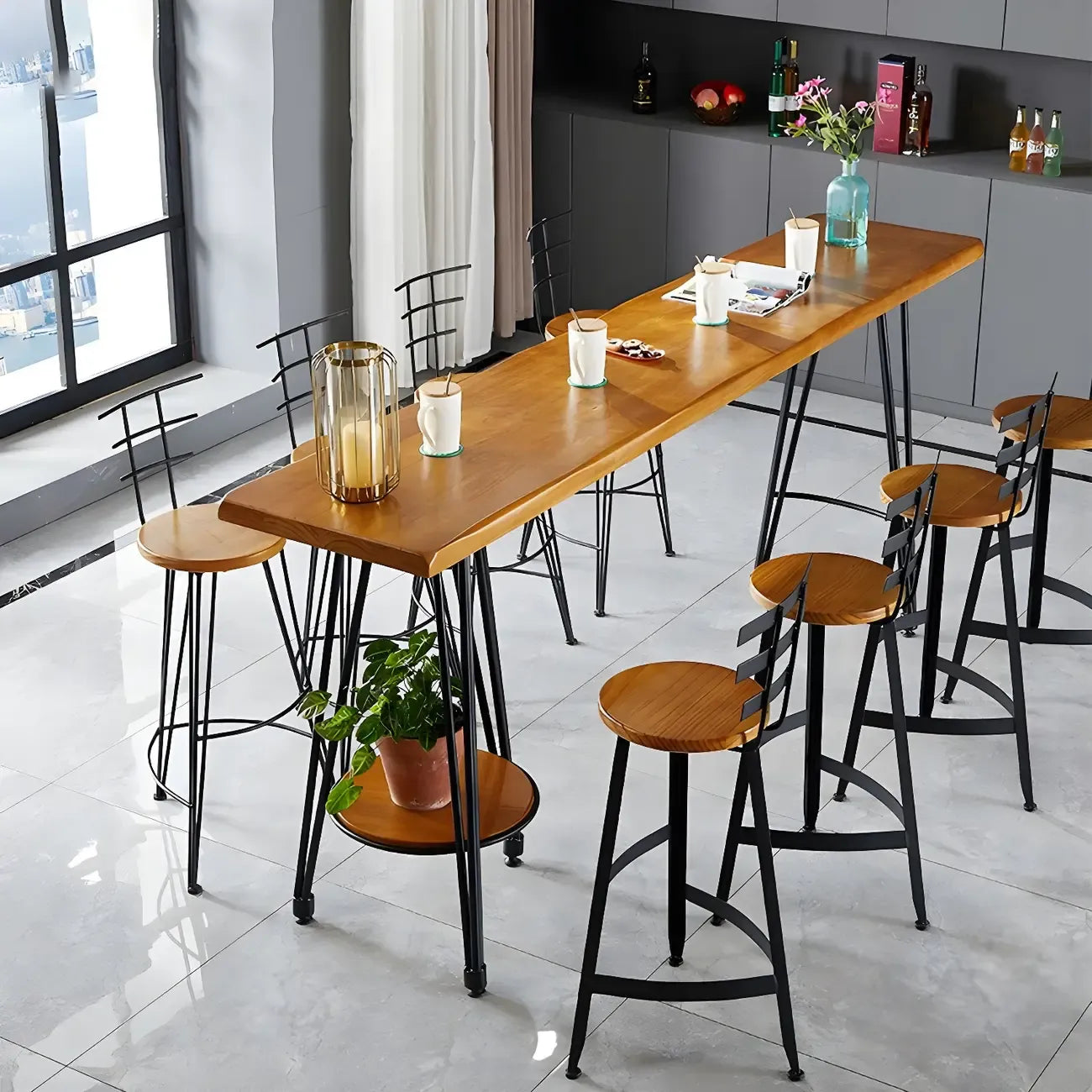 Elegant Solid Wood Bar Set with Stylish Stools for Home