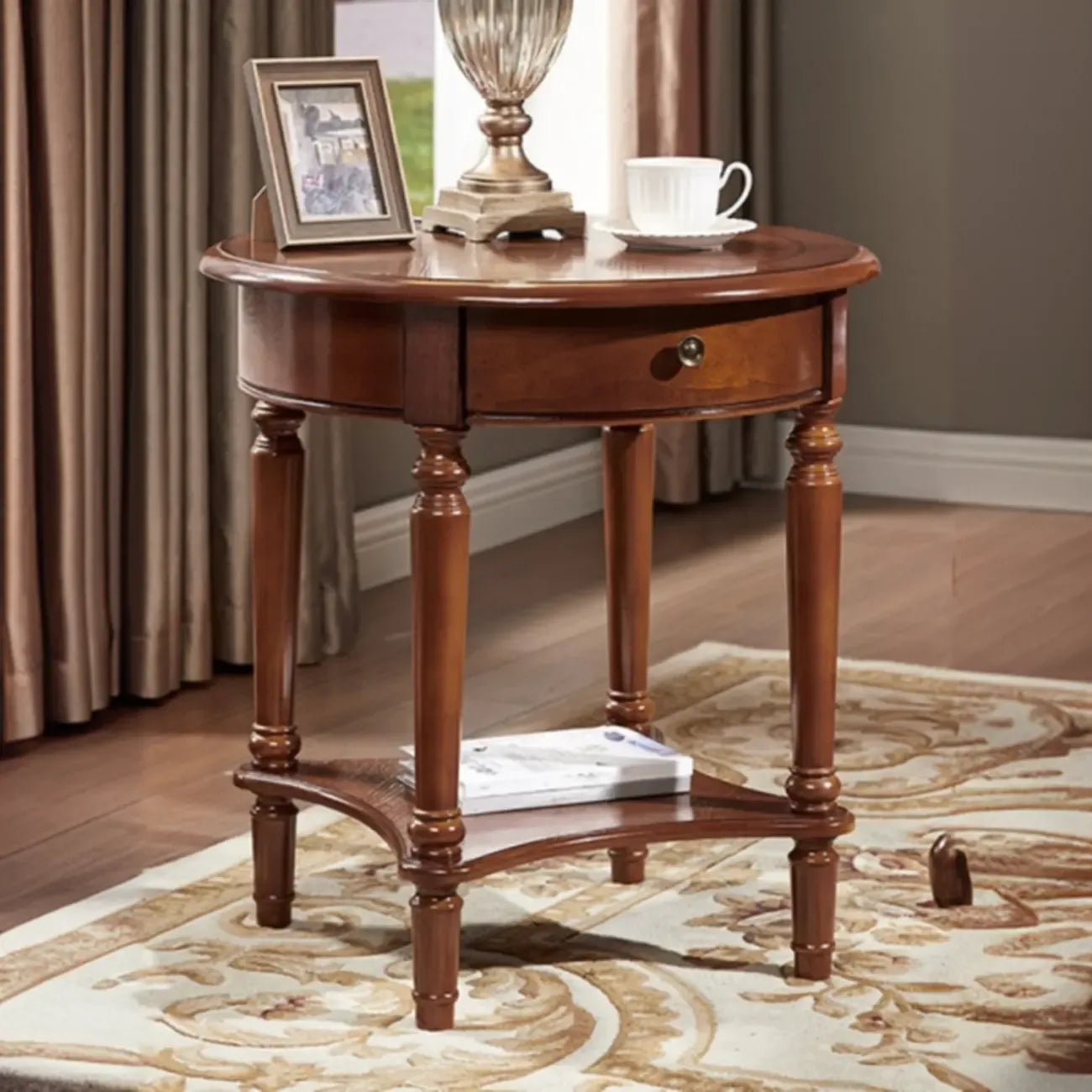 Classic Wood Round End Table for Living Room with Storage