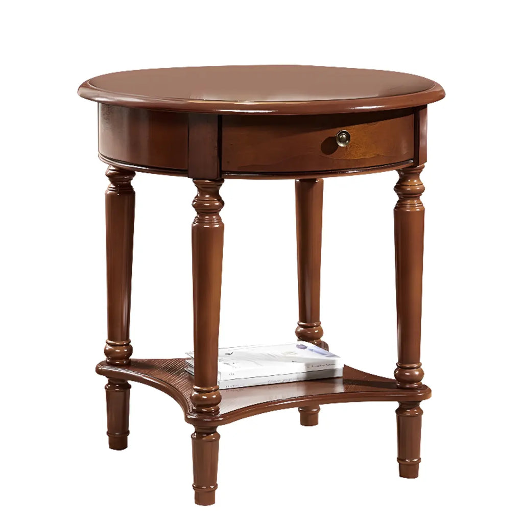 Classic Wood Round End Table for Living Room with Storage