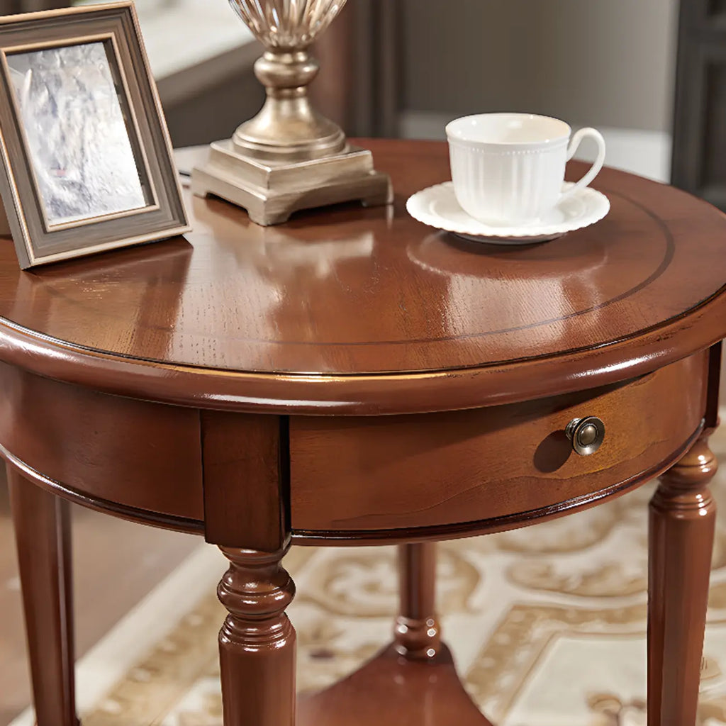 Classic Wood Round End Table for Living Room with Storage