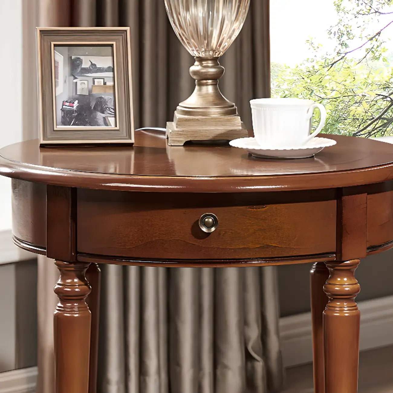Classic Wood Round End Table for Living Room with Storage